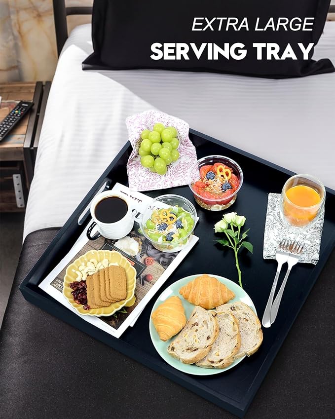 20 Inches Square Wooden Ottoman Tray Black, Large Wood Serving Tray with Handles for Living Room, Serving Food Breakfast, Ottoman Coffee Table Couch Sofa Kitchen-CasaMuseHome