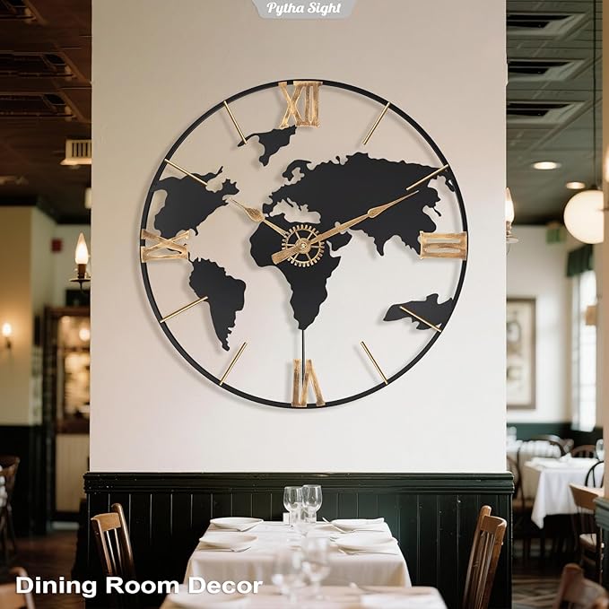 30 Inch Large Modern Decorative Metal World Map Wall Clocks Giant Extra Vintage Gold Roman Numeral Oversized Wall Clock for Living Room,Office,Dining Room,Entryway,Fireplace-CasaMuseHome