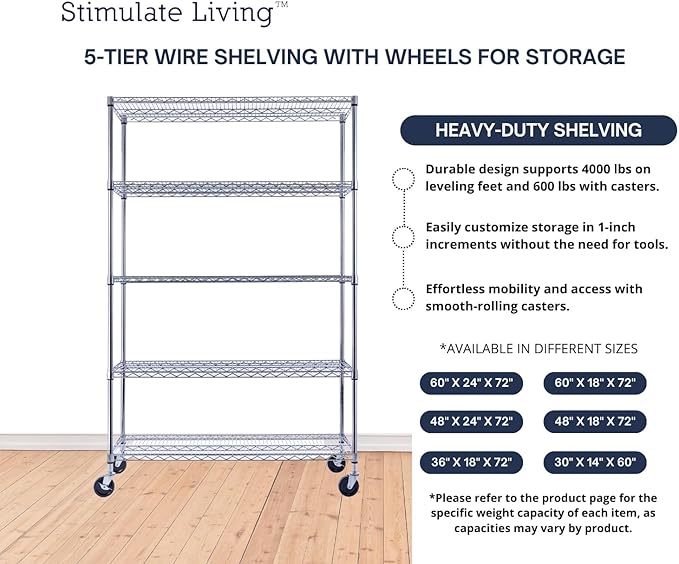 48"x18"x72" PRIME HEAVY DUTY Chrome 5-Tier Wire Shelving NSF 4000 LBS MAX Capacity Storage Rack for Commercial, School, Home, Garage, Warehouse, Industrial, and Hospital Uses (with Wheels)-CasaMuseHome