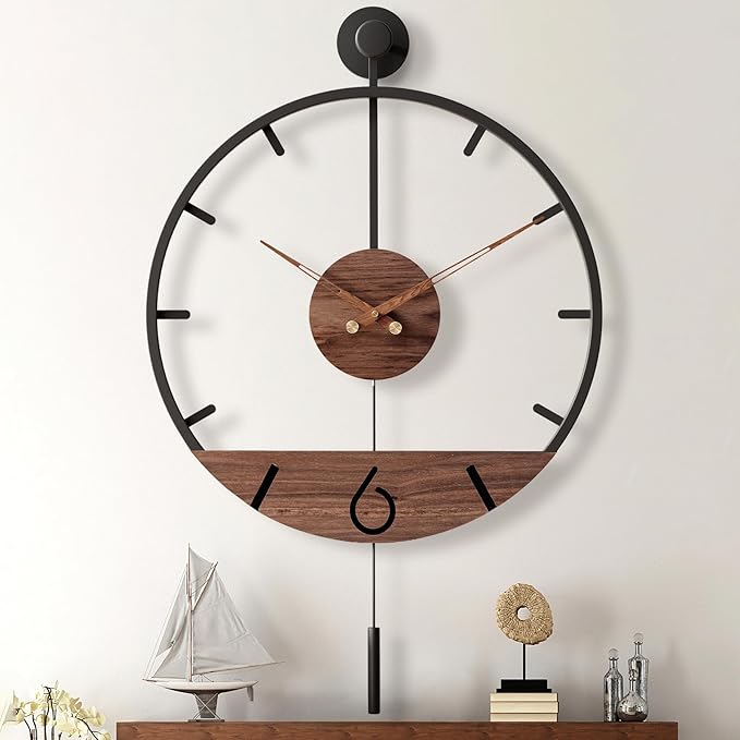 34.6×24 Inch Large Modern Decorative Pendulum Wall Clock,Big Metal Farmhouse Oversized Silent Wall Clocks Minimalist Elegant Walnut Dial Pointers for Living Room,Office,Dining Room Decor-CasaMuseHome