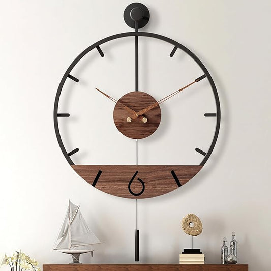 34.6×24 Inch Large Modern Decorative Pendulum Wall Clock,Big Metal Farmhouse Oversized Silent Wall Clocks Minimalist Elegant Walnut Dial Pointers for Living Room,Office,Dining Room Decor-CasaMuseHome