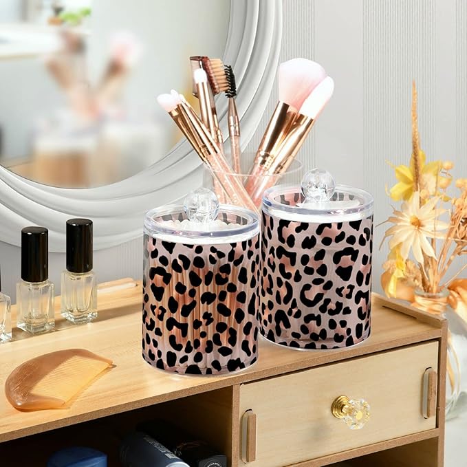 2 Pack Qtip Holder Dispenser Rose Gold Black Leopard Bathroom Storage Canister Lid Acrylic Plastic Apothecary Jar Set Vanity Makeup Organizer for Cotton Swab/Ball/Round Pads, Floss-CasaMuseHome