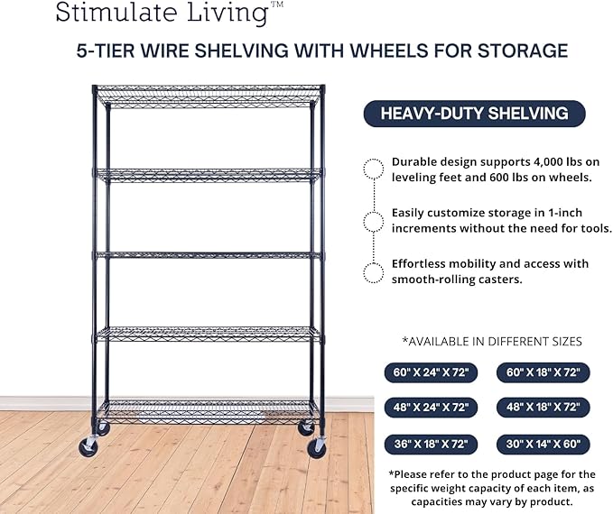 48"x18"x72" PRIME HEAVY DUTY Black 5-Tier Wire Shelving NSF 4000 LBS MAX Capacity Storage Rack for Commercial, School, Home, Garage, Warehouse, Industrial, and Hospital Uses (with Wheels)-CasaMuseHome