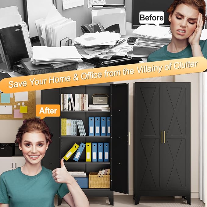 61" H Metal Kitchen Pantry Storage Cabinet, Freestanding Cupboard with 2 Doors and 3 Adjustable Shelves, Standing Storage for Kitchen, Bathroom, Garage, Dinning Room or Utility Room（Black）-CasaMuseHome