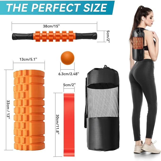5 in 1 Foam Roller Set for Deep Tissue Muscle Massage, Trigger Point Fitness Exercise Foam Roller, Massage Roller, Massage Ball, Stretching Strap, for Whole Body (Orange Black)-CasaMuseHome