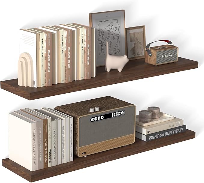 48 Inch Floating Shelf 2 Pack Large Floating Shelves for Wall No Drilling Accessories Included Deep Wall Shelves for Living Room Kitchen Farmhouse 48" W x 12" D x 1.2" Walnut-CasaMuseHome