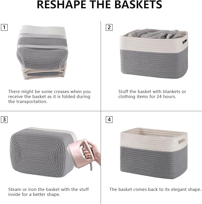 4 Pack Storage Baskets for Organizing, Woven Baskets for Shelves - Perfect for Toys, Books, Towels, and Clothes, Durable Gift Basket Bins Toy Storage, 12.7''L x9''W x7.8''H, Grey and White-CasaMuseHome