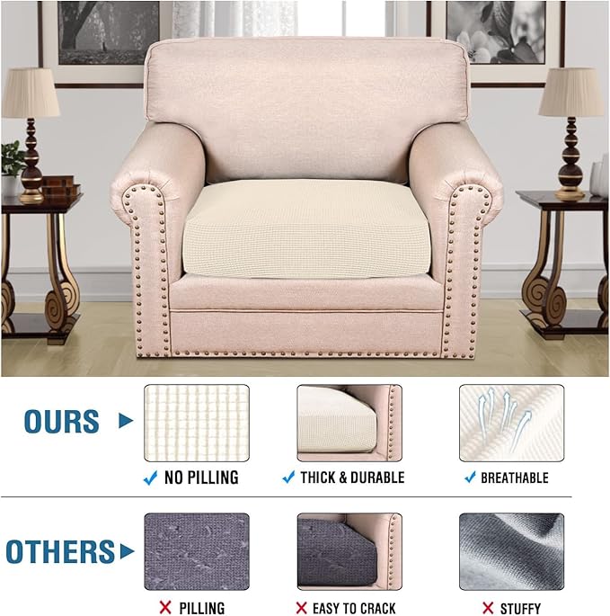 H.VERSAILTEX Super Stretch Individual Seat Cushion Covers Sofa Covers Couch Cushion Covers Slipcover Sets Thick Jacquard Textured Twill Fabric (1 Piece Chair Cushion Cover, Natural)-CasaMuseHome