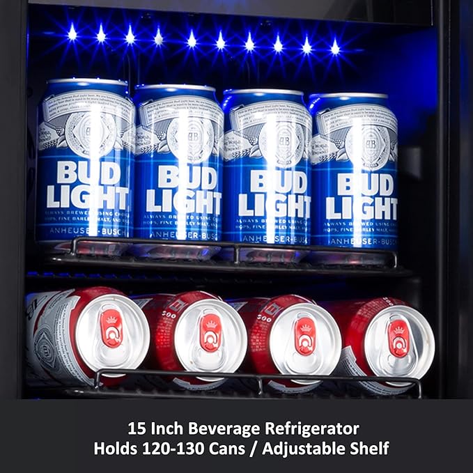 15'' Beverage Refrigerator and Beer Fridge Under Counter Built-in or Freestanding,127 Cans Beverage Cooler with Glass Door and Lock for Bottles and Cans Beer/Soda/Water/Wine-CasaMuseHome