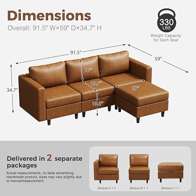 91.5" Faux Leather Modular Sectional Sofa, L Shaped Couch Set for Living Room, 3-Seater Comfy Cloud Couches with Movable Storage Ottoman,DIY Combination - Brown-CasaMuseHome