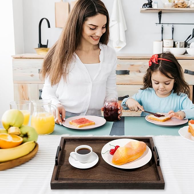2 Pcs Rustic Wooden Serving Trays with Handle Decorative Nested Vintage Wood Serving Tray Stylish Farmhouse Decor Servings Platters for Eating, Breakfast(Large 15.8x11.8x1.2 in, Small 13.4x9.4x1.2 in)-CasaMuseHome