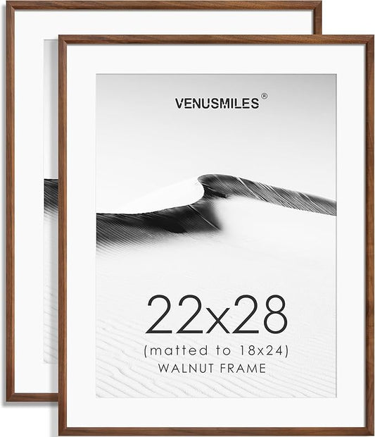 22x28 Poster Frame Set of 2 Natural Solid Walnut Photo Frames with 18x24 Removable Mat Wall Hanging Large Handcrafted Frame with HD Plexiglass Wall and Tabletop Display Large Picture Frame-CasaMuseHome