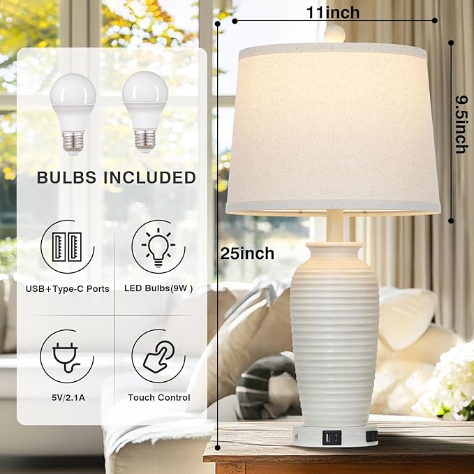 25" Farmhouse Jar Table Lamps Set of 2,Rustic Cream Pot Table Lamp for Bedroom, Living Room,3 Way Touch Control Rustic Bedside Lamps with USB A+C Ports & AC Outlet(LED Bulbs Included)-CasaMuseHome