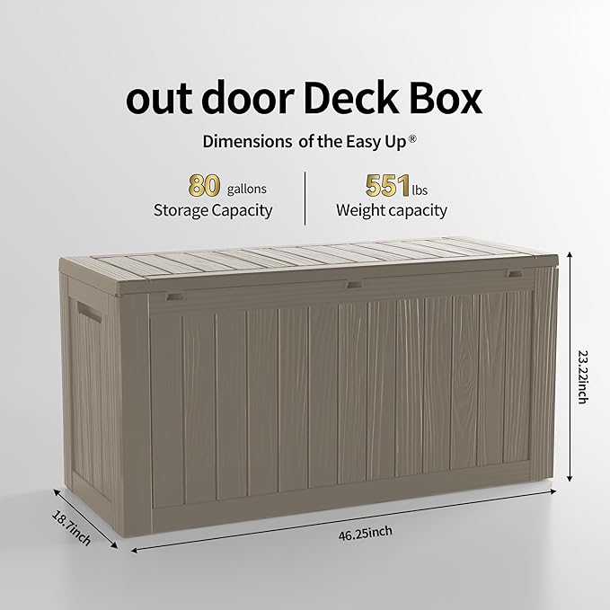 80 Gallon Lockable Resin Deck Box, Waterproof & UV-Resistant Outdoor Storage Box for Outdoor Cushion Storage, Garden Tools & Pool Accessories Storage, Gray-CasaMuseHome