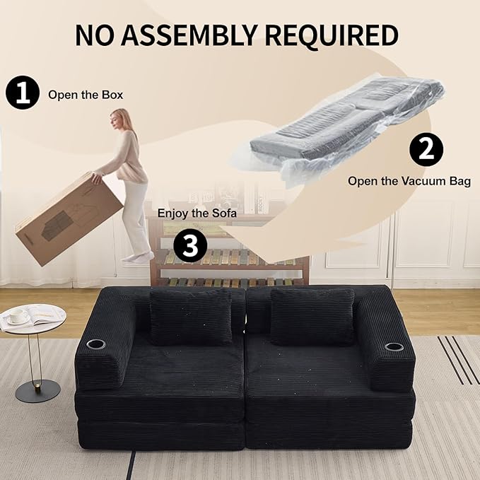 78" W Loveseat Sofa, 4 in 1 Convertible Floor Sofa Bed, Boneless Cloud Couch with Cup Holder, Fold Out Floor Couch, Loveseat Recliner Sleeper for Living Room Bedroom Lounge(Corduroy, White)-CasaMuseHome