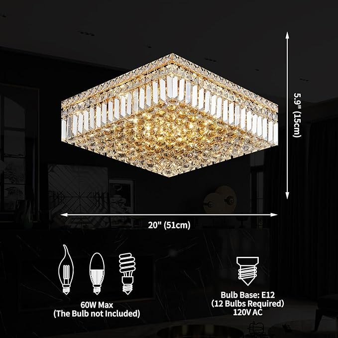 12-Lights Gold Crystal Flush Mount Ceiling Light Fixtures,Elegant Crystal Chandelier Pendant Ceiling Lamp for Bedroom,Living Room,Dining Room,Hallway H5.9 x W20 x L20 (Bulb Not Included) Square-CasaMuseHome