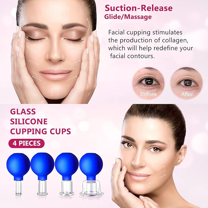 4 Size Facial Cupping Therapy Set Glass, Eye Face Vacuum Massage Anti Cellulite Cup - Silicone Cupping Massage Therapy, for Beauty Body Cup Fascia Massager(Softcover-Blue)-CasaMuseHome