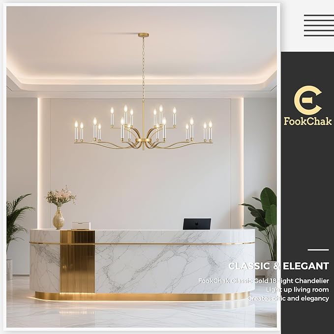18 Light Gold Living Room Chandelier High Ceiling Foyer Candle Chandelier Large Modern Brass 59in Metal Chandeliers Hanging Light for Master Bedroom Dining Room Light Fixture Over Table-CasaMuseHome