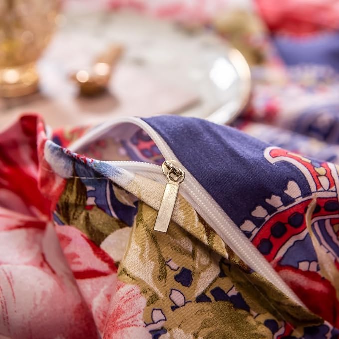 ABREEZE Colorful Floral Duvet Cover Queen 100% Cotton Flower Duvet Cover 3 Piece Set 1 Multi-Colored Damask Paisley Duvet Cover with Zipper Ties 2 Pillowcases Luxury Soft Peony Print Bedding Set-CasaMuseHome