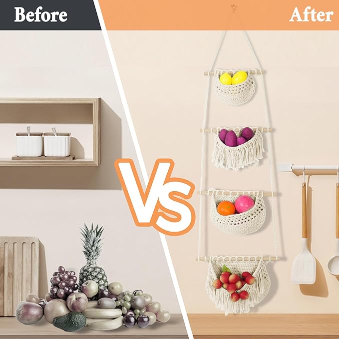4 Tier Hanging Fruit Basket for Kitchen, Beige Boho Cotton Rope Crocheted Fruit Holder for Bathroom Bedroom, Detachable Wall Hanging Basket Shelves Over Door Organizer for Fruits Veggie Plant Decor-CasaMuseHome
