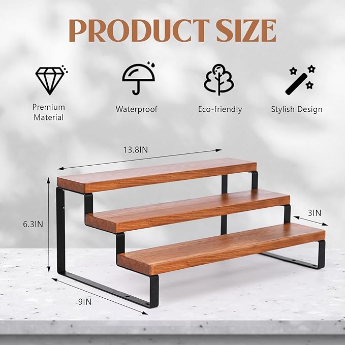 3 Tier Wooden Display Riser Stand Perfume Organizer with Metal Stand, Dessert Table Display Set, Food Display Stands for Party, Brown Rustic Solid Wood Shelf for Cupcakes, Perfume, Cologne, Spiece-CasaMuseHome