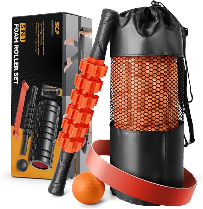 5 in 1 Foam Roller Set for Deep Tissue Muscle Massage, Trigger Point Fitness Exercise Foam Roller, Massage Roller, Massage Ball, Stretching Strap, for Whole Body (Orange-New)-CasaMuseHome