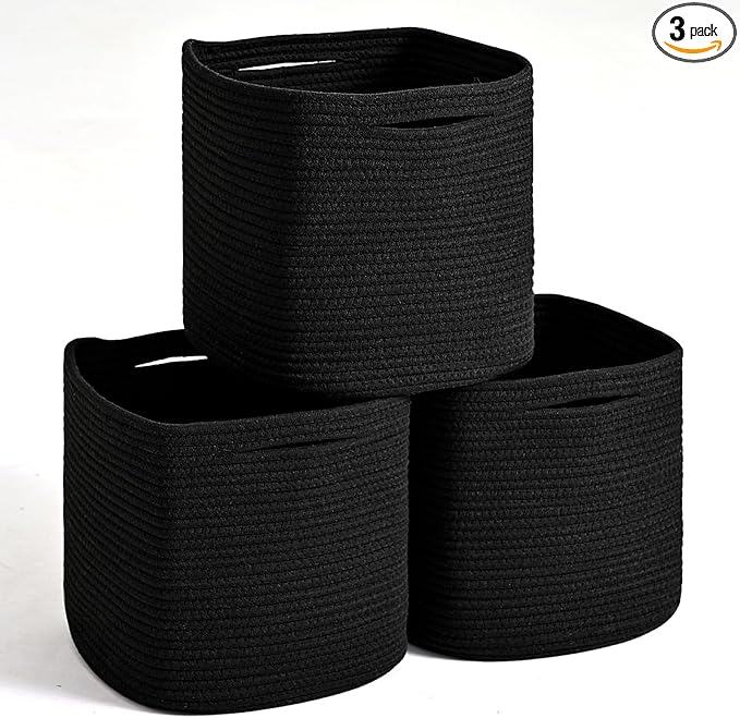 11 Inch Cube Storage Bins, Storage Cube Organizer Bins, Woven Cotton Rope Basket for Storage, Storage Baskets for Organizing Shelves, Square Baskets for Toys, Black (Pack of 3)-CasaMuseHome