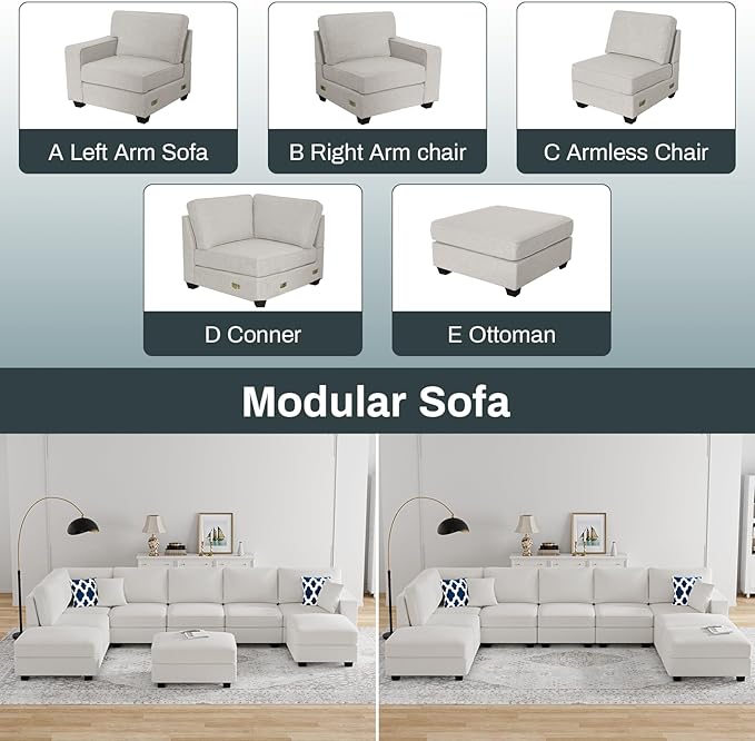 L Lengend Vansen Modular Sectional Sofa U Shaped Couch with Ottoman Modern Reversible Corner Sectional Couch for Living Room (Cream, U Shaped Sofa-4)-CasaMuseHome