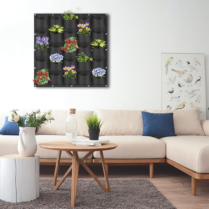25 Pockets Hanging Planter Bags, Hanging Vertical Wall Mounted Plant Planting Grow Bags, Herb Garden Planter Outdoor Indoor Growing Bag, Gardening Vertical Greening Flower Container(1m×1m, Black)-CasaMuseHome