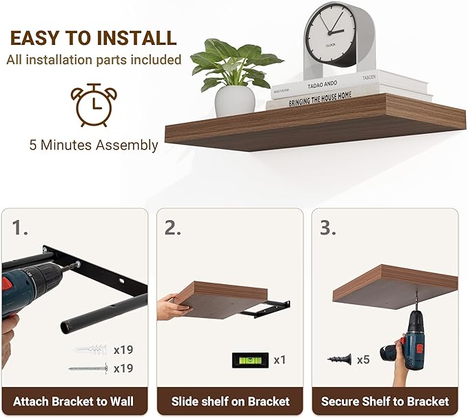 36 Inch Floating Shelves, 36"x9.25"x1.5" Inch Deep Floating Shelves for Wall, Wooden Shelves for Bathroom, Bedroom, Living Room, Walnut-CasaMuseHome