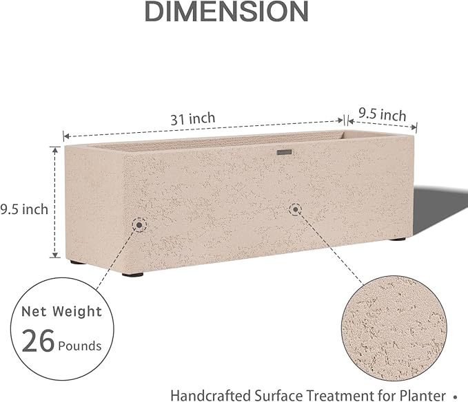 31 Inch Rectangular Concrete Planter,Durable All-Weather Use with Drainage Holes,Large Rectangular Planter for Outdoor Indoor Plants-CasaMuseHome