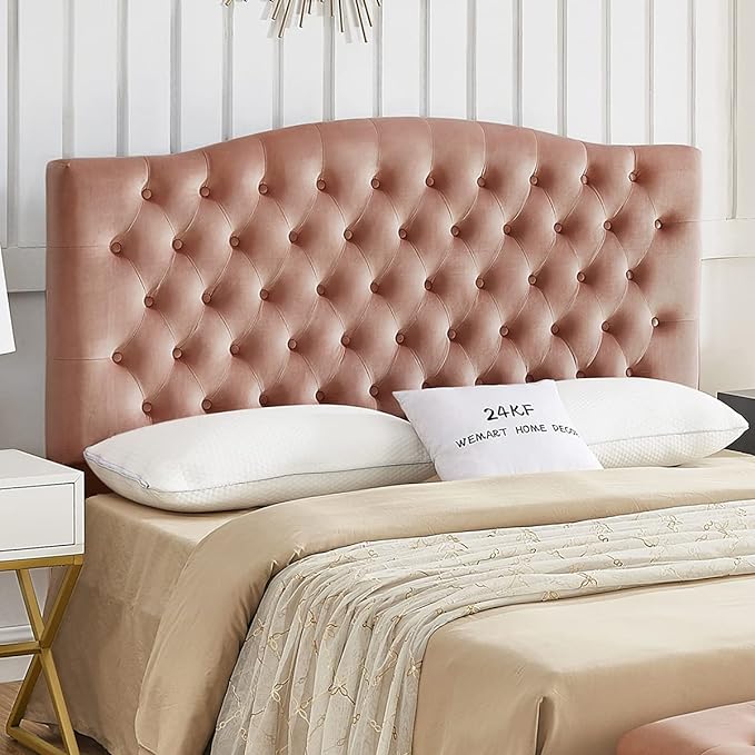 24KF Upholstered Tufted Button Velvet Headboard,Comfortable Fashional Headboard Queen/Full Size,Blush-CasaMuseHome