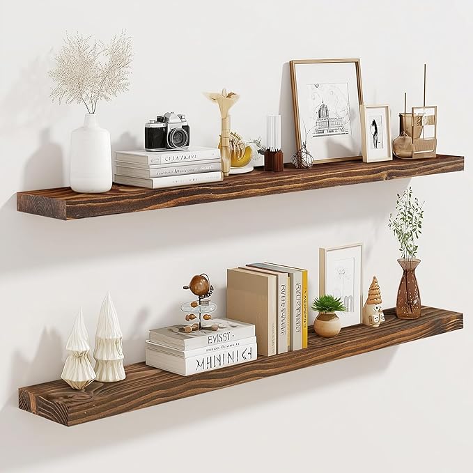 36"x6.8"x1.2" Solid Wood Floating Shelves 2-Pack - Rustic Brown Finish with Hidden Brackets, Perfect for Storage and Décor in Living Room, Kitchen, Bedroom-CasaMuseHome