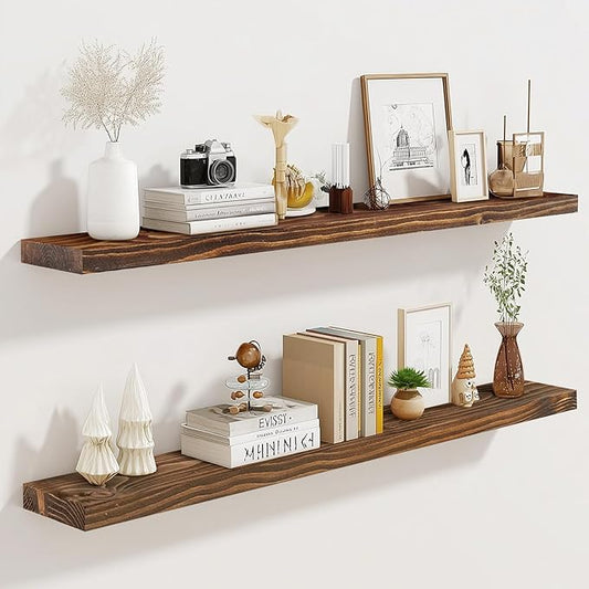 36"x6.8"x1.2" Solid Wood Floating Shelves 2-Pack - Rustic Brown Finish with Hidden Brackets, Perfect for Storage and Décor in Living Room, Kitchen, Bedroom-CasaMuseHome
