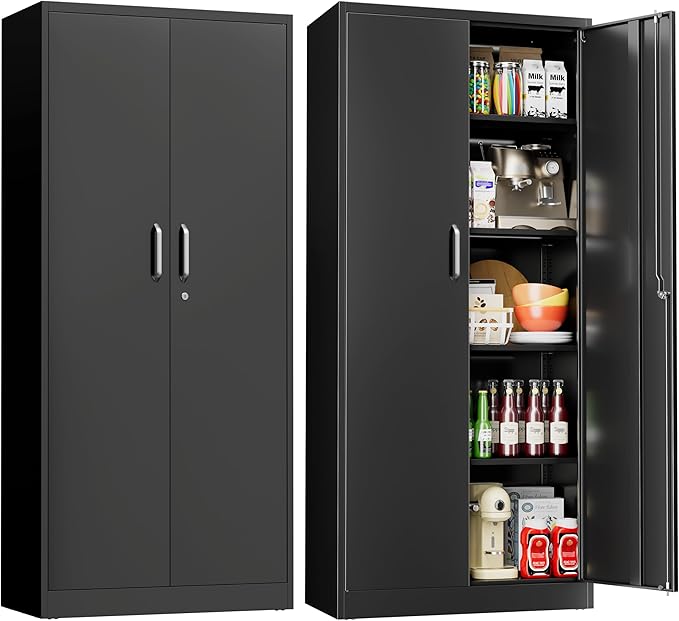 71" Garage Storage Cabinets with Lock, Cabinets with Doors and Shelves, Kitchen Pantry Cabinet, Metal Cabinet for Office, Garage, Shop, School, Assemble Required, Black-CasaMuseHome