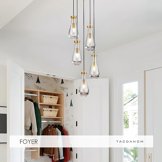 5-Light Raindrop Pendant Light Fixtures, Brass Glass Pendant Lighting, Teardrops Modern Hanging Light for Entryway Foyer Kitchen Island Dining Living Room Hallway-CasaMuseHome