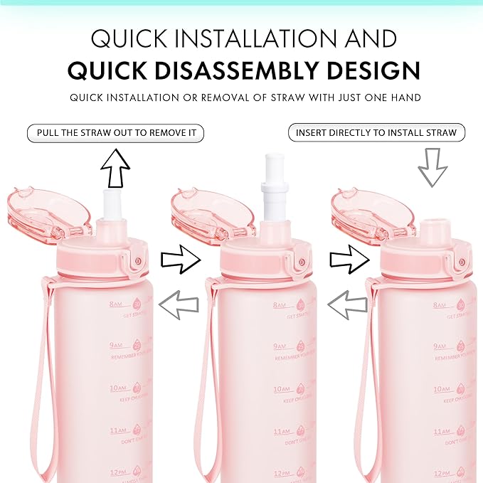 32oz Motivational Water Bottles with Time Marker & Fruit Strainer, Transparent Gradient Color Water Bottle with Times to Drink, Leakproof & BPA Free, Reusable Bottle with Strap (No Straw)-CasaMuseHome