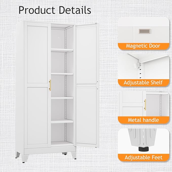 71" Tall Metal Pantry Storage Cabinet with Doors and 4 Adjustable Shelves, White Kitchen Food Pantry Cabinets, Tall Freestanding Cupboard for Kitchen, Dining Room or Living Room-CasaMuseHome