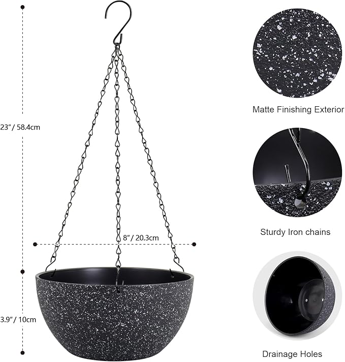 8 inch Small Hanging Planters for Indoor Outdoor Plants, 2 Pack Hanging Flower Plant Pots with Drainage Holes and Chain for Porch, Plastic Hanging Baskets for House Plants, Speckled Black-CasaMuseHome