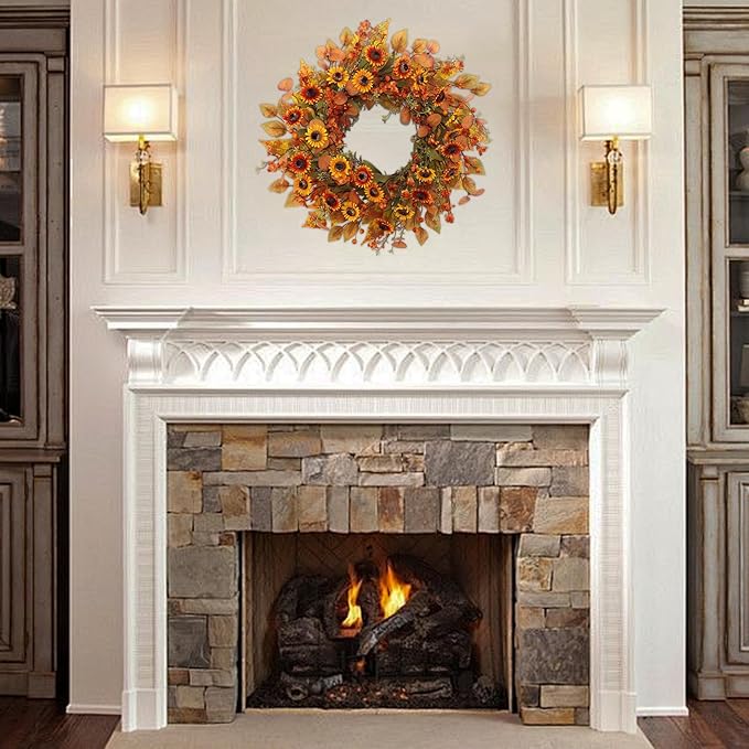 22 inch Artificial Fall Wreaths for Front Door,Autumn Wreath with Eucalyptus Leaves and Chrysanthemum Suitable for Indoor Outdoor Harvest Festival Thanksgiving Day Farmhouse Holiday Decor.-CasaMuseHome