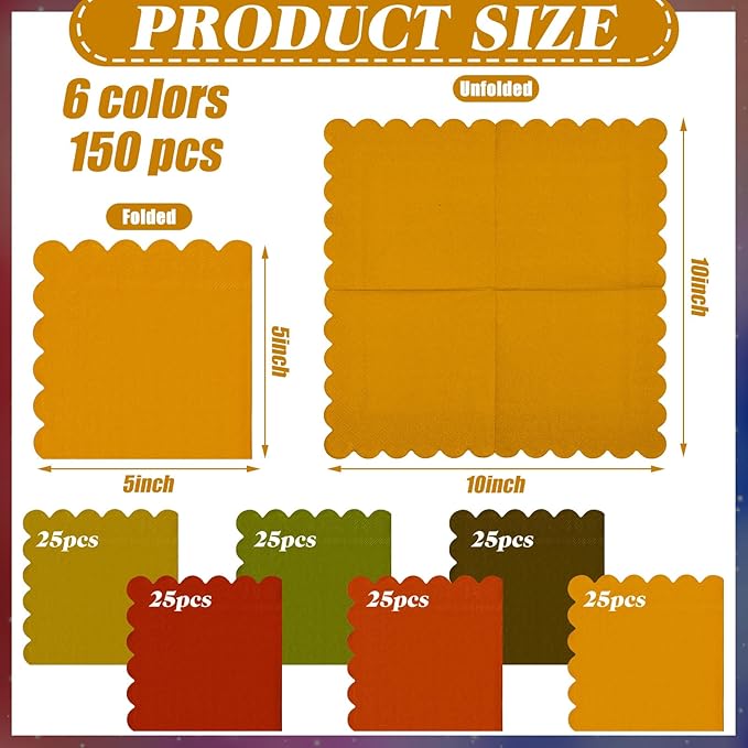 150 Pcs 5 x 5 Inches Fall Thanksgiving Paper Napkins Scalloped Cocktail Napkins Disposable Autumn Harvest Party Supplies Dessert Beverage Bathroom Table Dinner Wedding Decor-CasaMuseHome