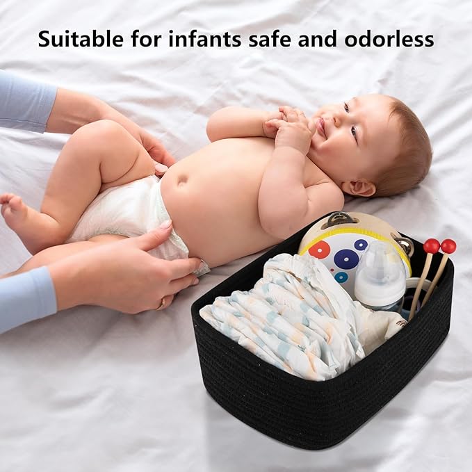 4 Pack Small Storage Shelf Baskets for Organizing, Mini Woven Rope Storage Bins for Towels, Cute Decorative Closet Organizer，Baby Nursery, Gift Empty Baskets -13''Lx8.66''Wx5.11''H-Black-CasaMuseHome