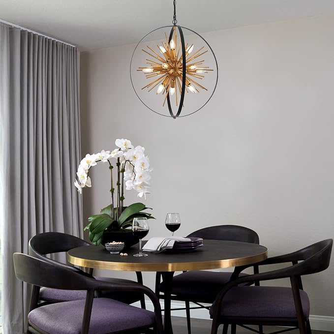 23.2'' Black Gold 12-Light Globe Sputnik Chandelier Modern Industrial Adjustable Hanging Ceiling Firework Pendant Light Fixture for Entryway Foyer Bedroom Dining Living Room Hallway-CasaMuseHome