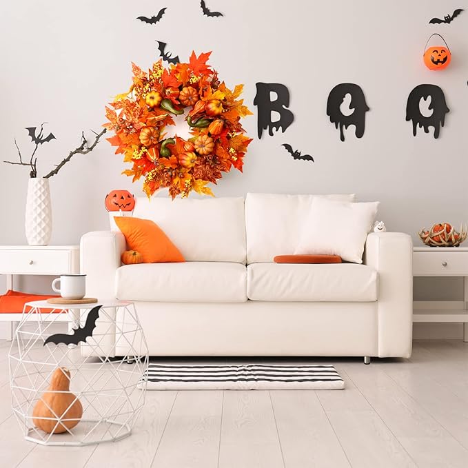 24 Inch Fall Wreaths for Front Door, Fall Decorations for Home,Fall Wreath,Autumn Wreath with Pumpkins Berries Maple Leaves for Thanksgiving Halloween Decorations Indoor Outdoor Outside Fall Decor-CasaMuseHome