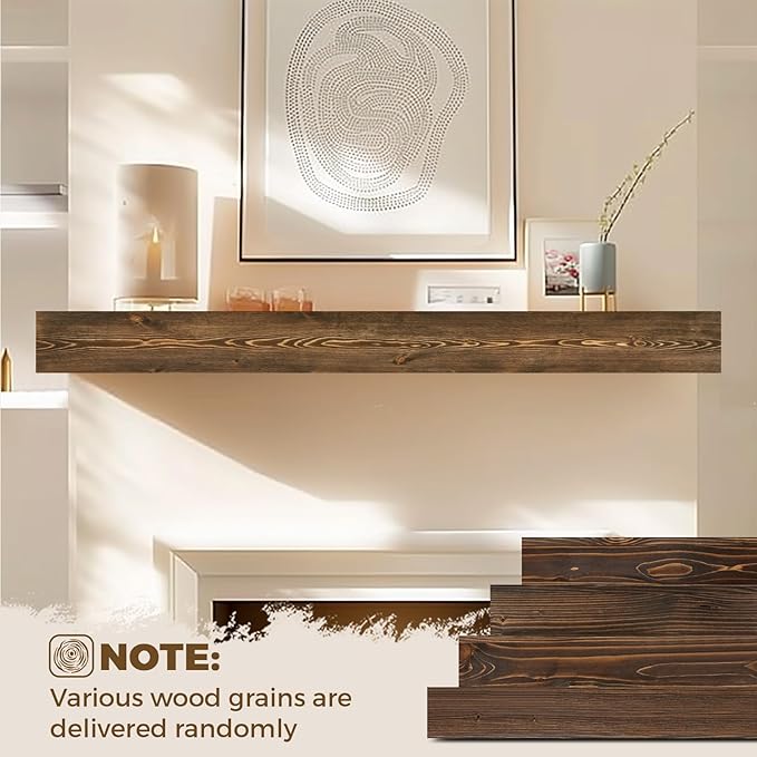 60x8x3 Fireplace Mantel - Handcrafted Hollow Rustic Solid Wood Wall Mounted Floating Shelf with Invisible Heavy Duty Wood Bracket (Weathered Brown)-CasaMuseHome