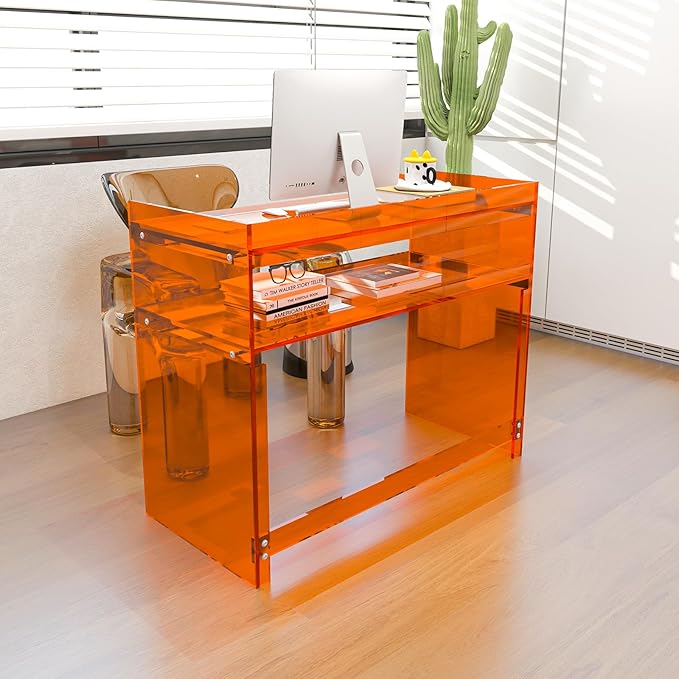 Acrylic Desk with Retaining Edge, Orange Acrylic Table, Console Table for Office, Study, Bedroom, Entrance Decor (17.7" D x 39.4" W x 31.5" H, Orange)-CasaMuseHome