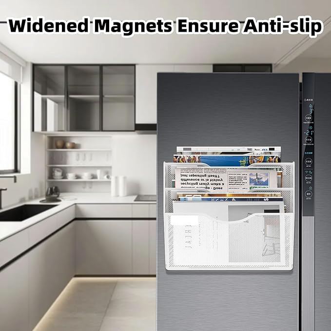 3-Tier Magnetic File Holder, No Drilling Installation File Cabinet Organizer, White Magnetic File Organizer, Magazine Rack, Magnetic Paper Holder for Refrigerator, File Cabinets,White-CasaMuseHome