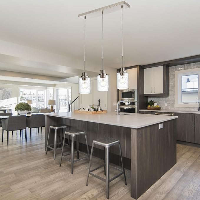 3-Light Farmhouse Chandelier Light Fixture Brushed Nickel Clear Seeded Glass Dining Room Hanging Modern Pendant Lighting Over Table,Traditional Ceiling Lights for Kitchen Island Entryway-CasaMuseHome