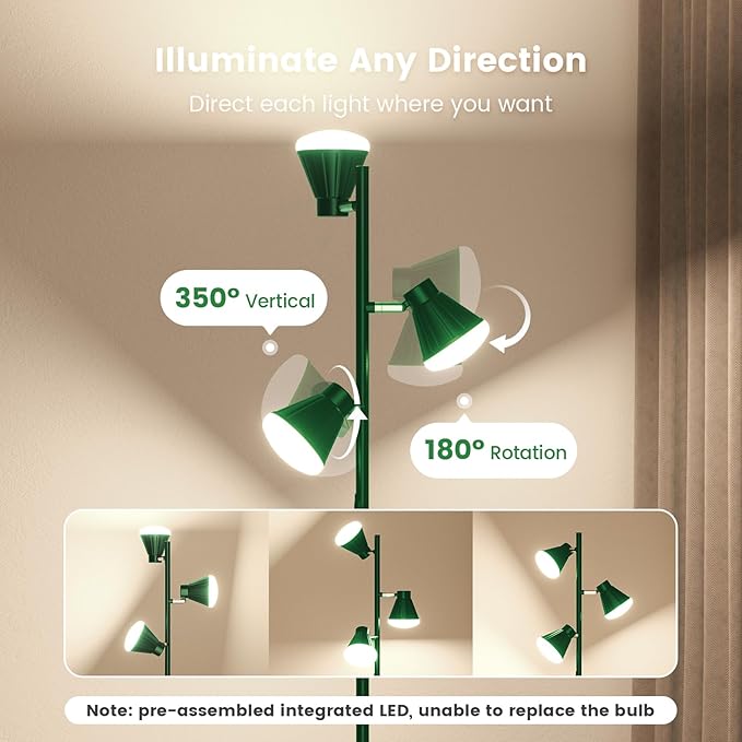 36W LED Tree Floor Lamp, Dimmable Tall Standing Lamp with Remote & Touch Control, 4 Color Temperatures Bright Floor Lamp, 3 Rotatable Light Modern Floor Lamps (Green)-CasaMuseHome