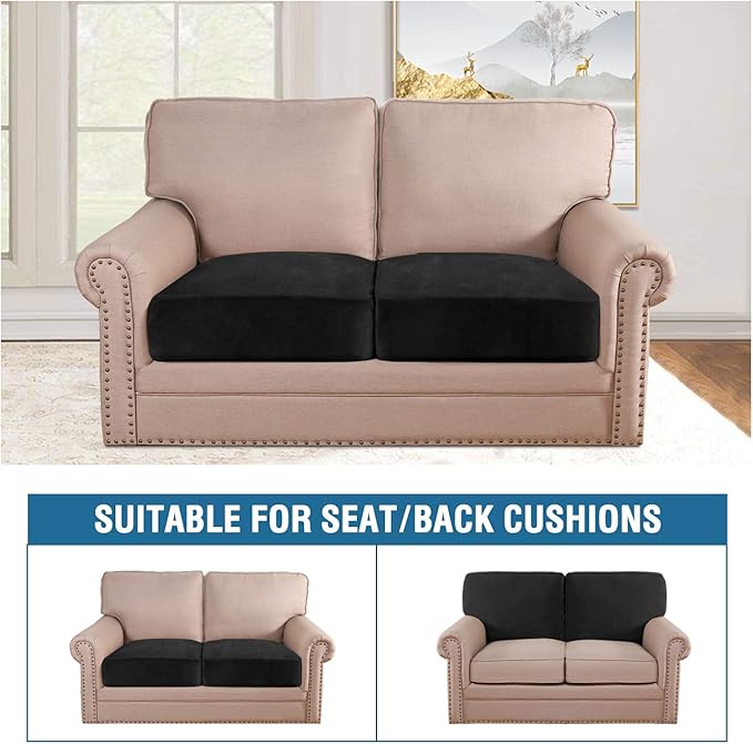 H.VERSAILTEX Velvet Stretch Couch Cushion Cover Plush Cushion Slipcover for Chair Loveseat Sofa Cushion Furniture Protector Seat Cushion Sofa Cover (2 Piece Large Sofa Cushion Covers, Black)-CasaMuseHome